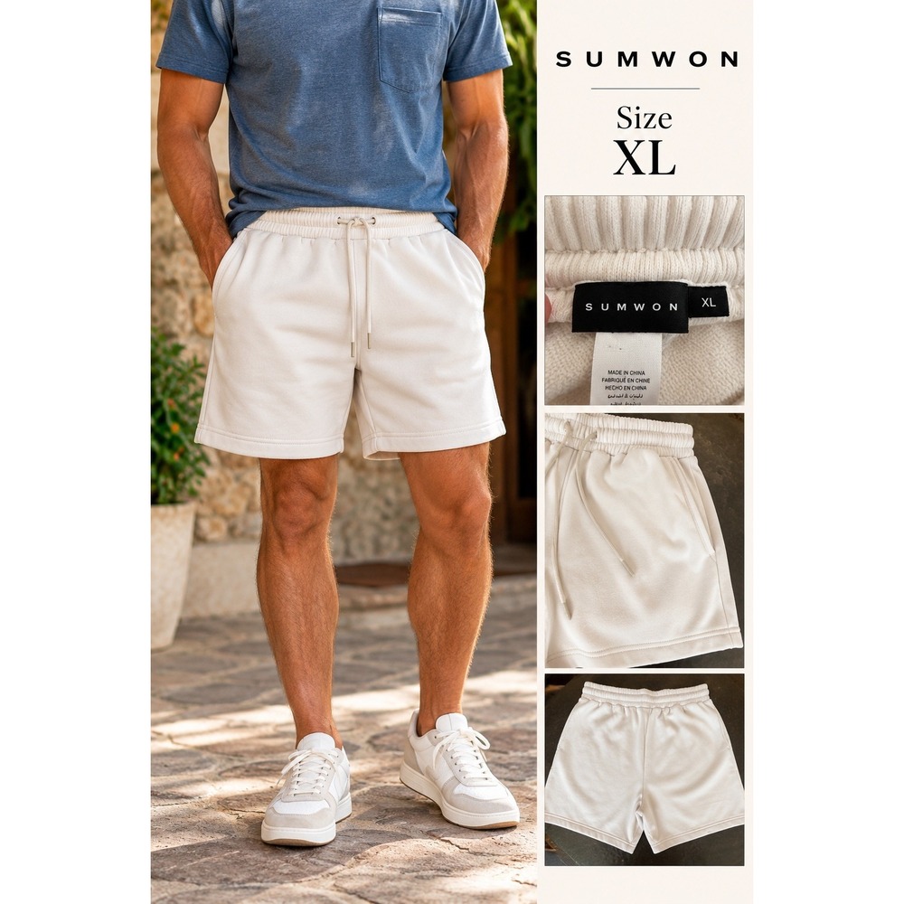Sumwon Mens Fleece Sweat Shorts Cream Off-White XL NWT Relaxed Fit Loungewear